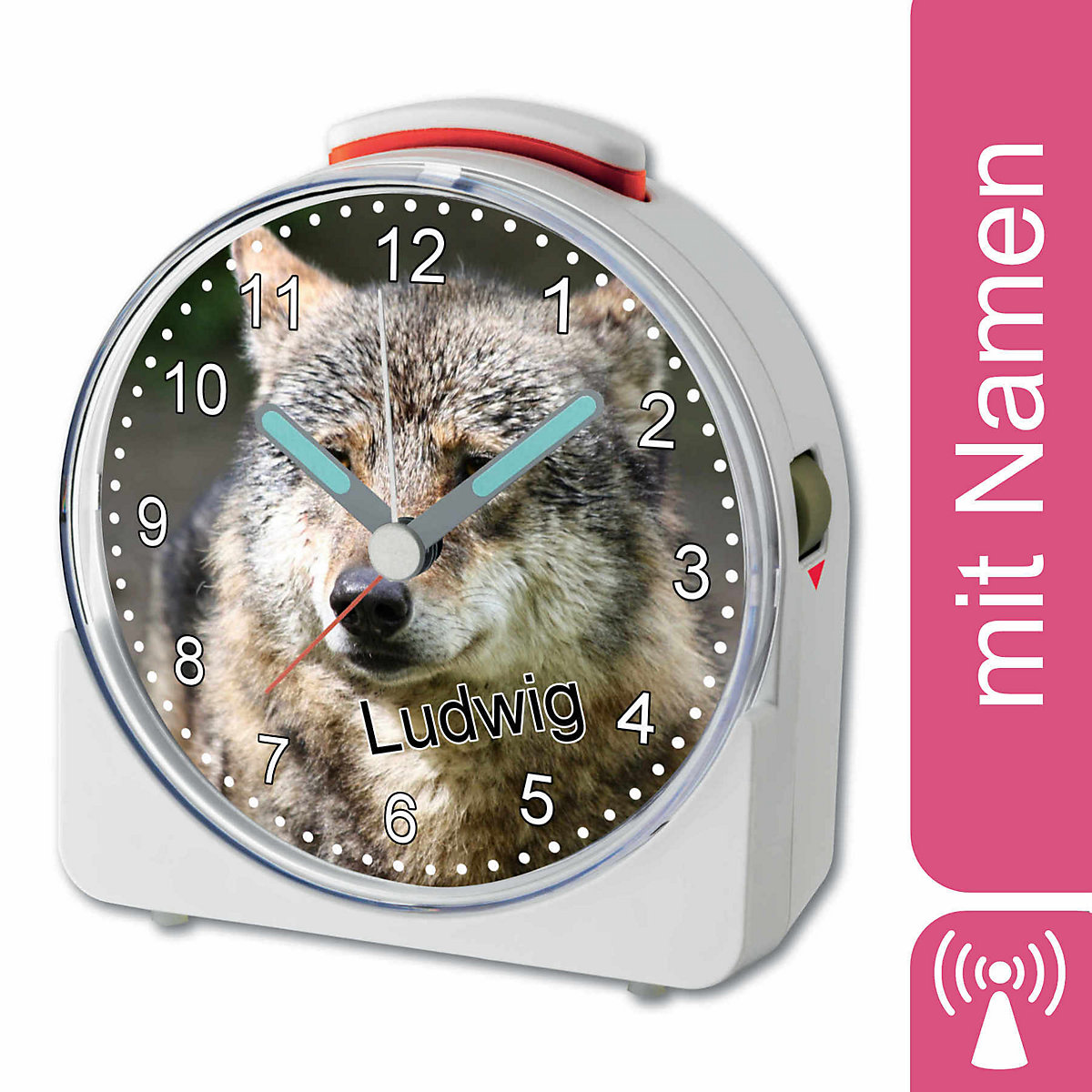 CreaDesign Kinder Funkwecker weiß personalisiert mit Namen Wolf 12-Stunden-Anzeigeformat Geräuschlos/Ohne Ticken Nachtlicht