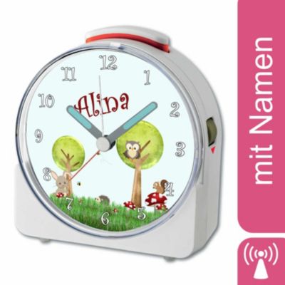 CreaDesign Kinder Funkwecker weiß personalisiert mit Namen Waldwiese 12-Stunden-Anzeigeformat Geräuschlos/Ohne Ticken Nachtlicht