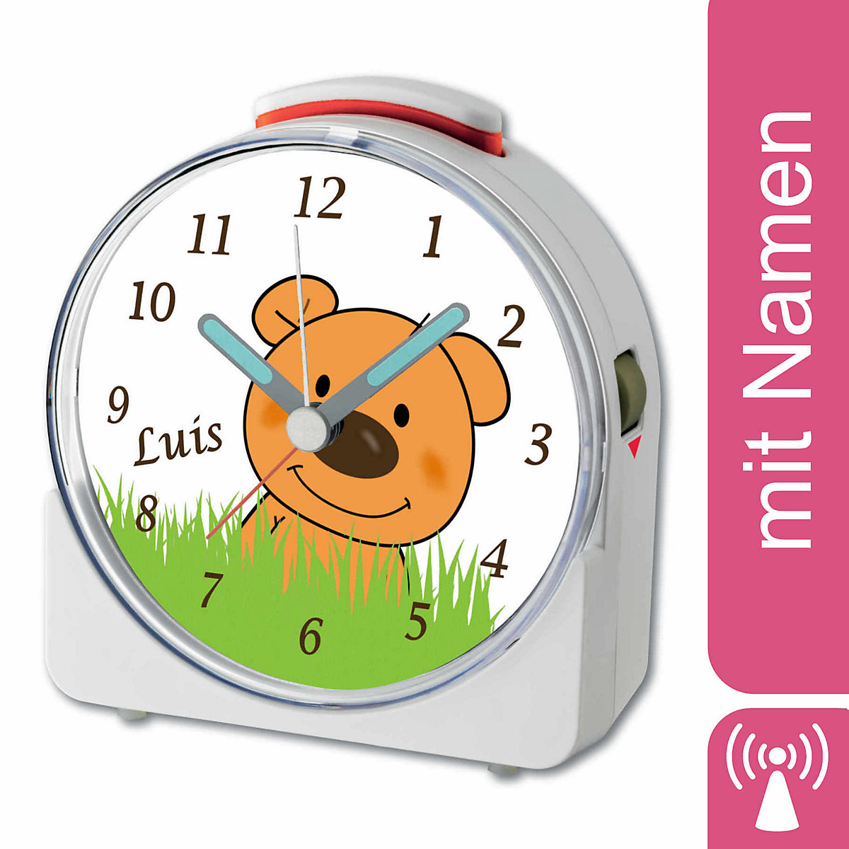 CreaDesign Kinder Funkwecker weiß personalisiert mit Namen Teddy 12-Stunden-Anzeigeformat Geräuschlos/Ohne Ticken Nachtlicht