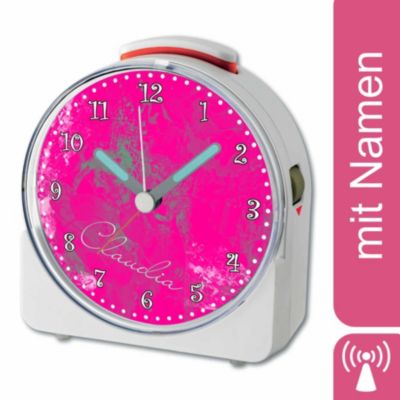 CreaDesign Kinder Funkwecker weiß personalisiert mit Namen Traum Pink 12-Stunden-Anzeigeformat Geräuschlos/Ohne Ticken Nachtlicht