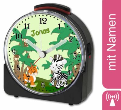 CreaDesign Kinder Funkwecker weiß personalisiert mit Namen Safari-Zebra