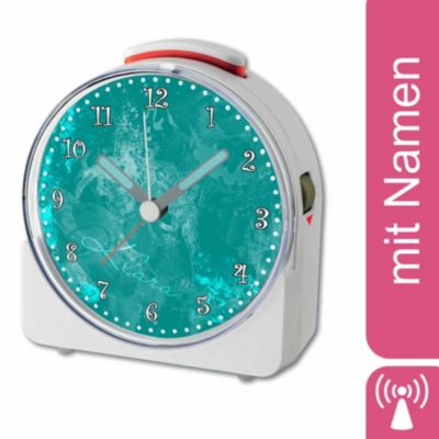 CreaDesign Kinder Funkwecker weiß personalisiert mit Namen Traum Petrol 12-Stunden-Anzeigeformat Geräuschlos/Ohne Ticken Nachtlicht