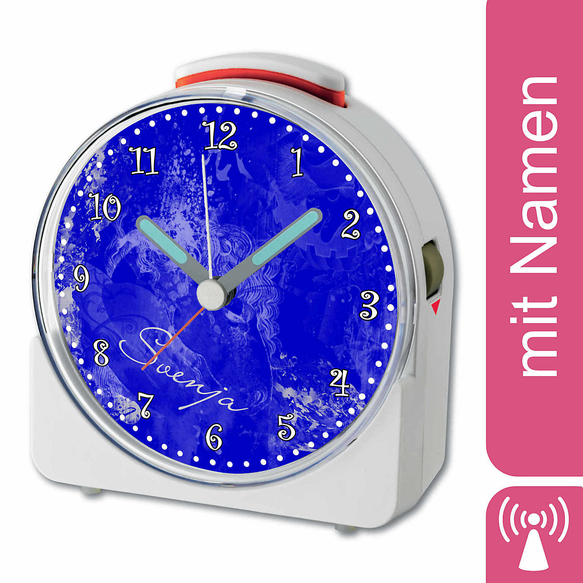 CreaDesign Kinder Funkwecker weiß personalisiert mit Namen Traum Blau 12-Stunden-Anzeigeformat Geräuschlos/Ohne Ticken Nachtlicht
