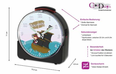 CreaDesign Kinder Funkwecker weiß personalisiert mit Namen Pirat