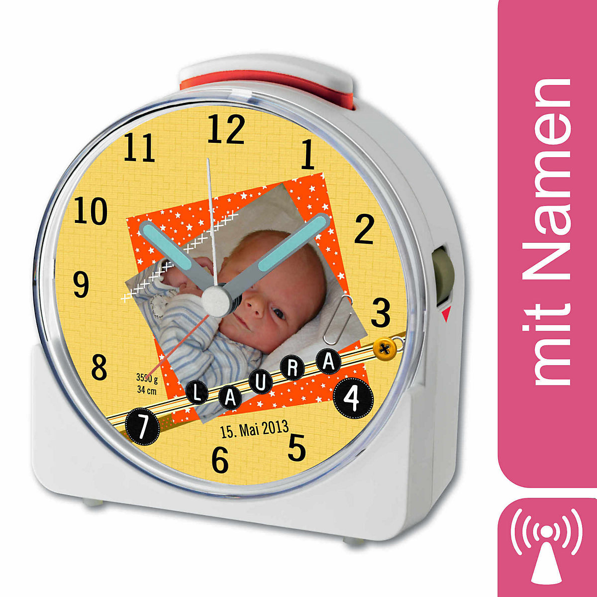 CreaDesign Kinder Funkwecker weiß personalisiert mit Namen Scrapbooking Orange 12-Stunden-Anzeigeformat Geräuschlos/Ohne Ticken Nachtlicht
