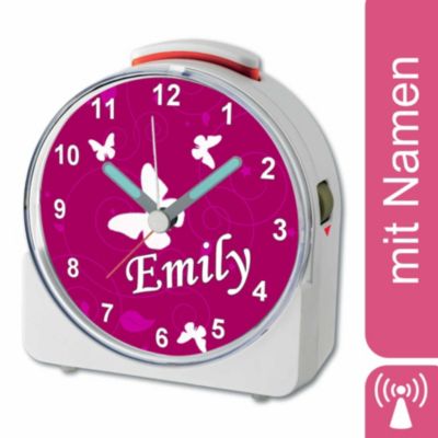 CreaDesign Kinder Funkwecker weiß personalisiert mit Namen Schmetterling Brombeere 12-Stunden-Anzeigeformat Geräuschlos/Ohne Ticken Nachtlicht