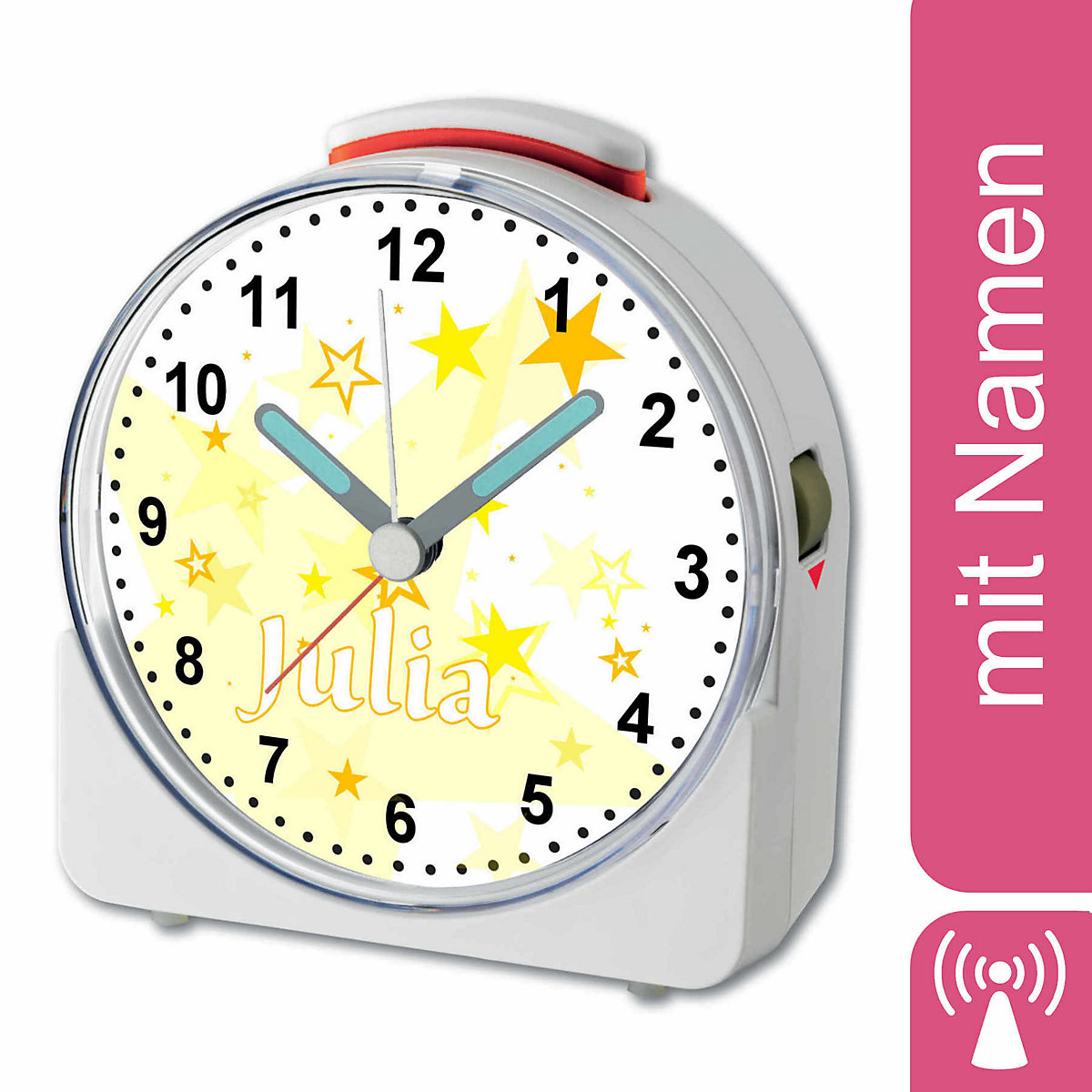CreaDesign Kinder Funkwecker weiß personalisiert mit Namen Sterne Gelb 12-Stunden-Anzeigeformat Geräuschlos/Ohne Ticken Nachtlicht