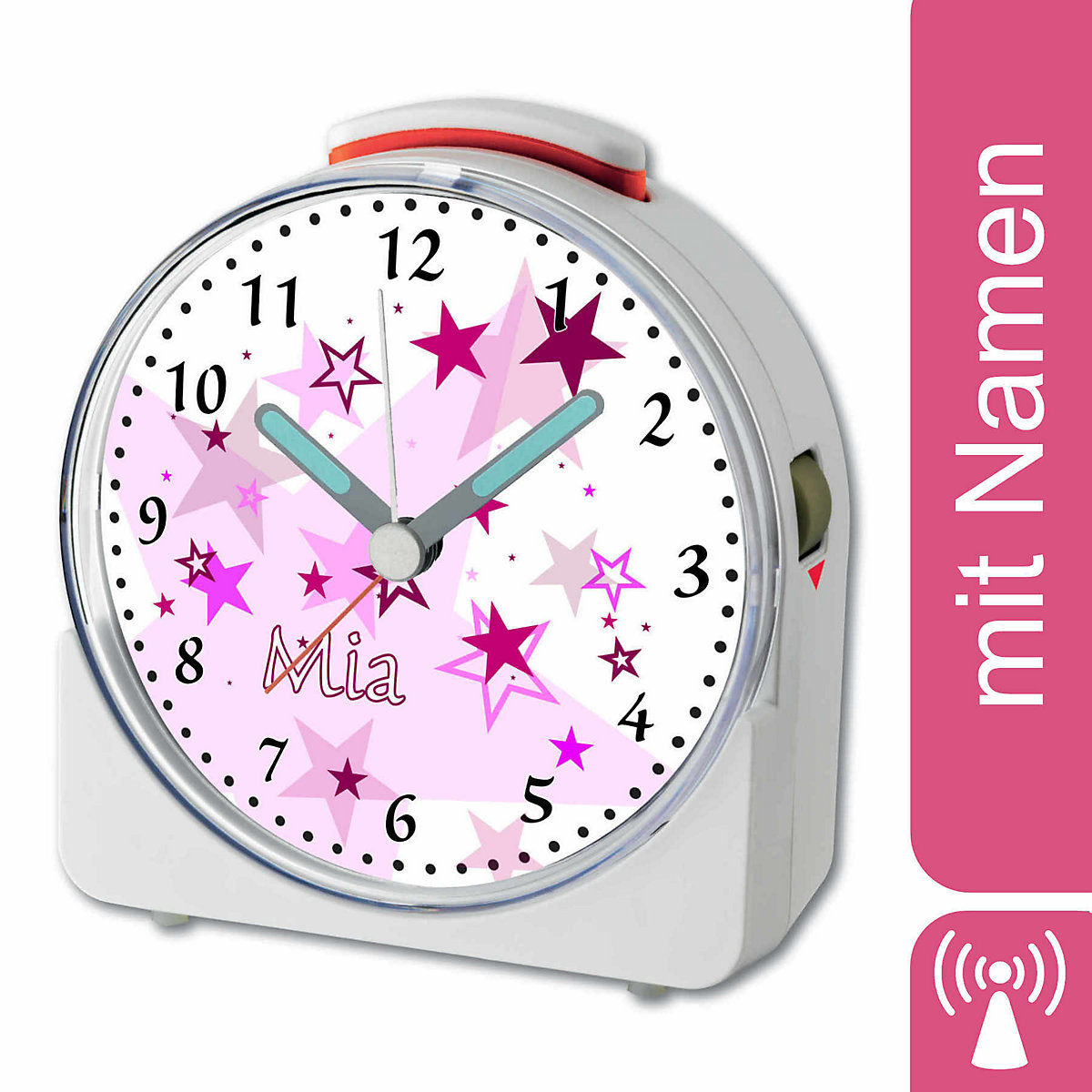 CreaDesign Kinder Funkwecker weiß personalisiert mit Namen Sterne Rosa 12-Stunden-Anzeigeformat Geräuschlos/Ohne Ticken Nachtlicht