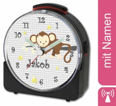 CreaDesign Kinder Funkwecker weiß personalisiert mit Namen Affe hängend