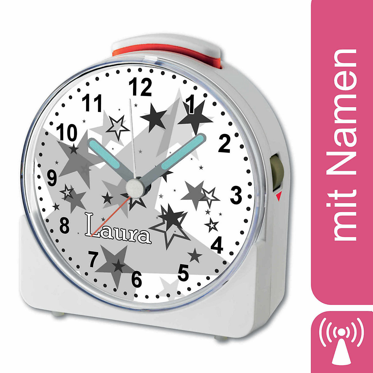 CreaDesign Kinder Funkwecker weiß personalisiert mit Namen Sterne Grau 12-Stunden-Anzeigeformat Geräuschlos/Ohne Ticken Nachtlicht