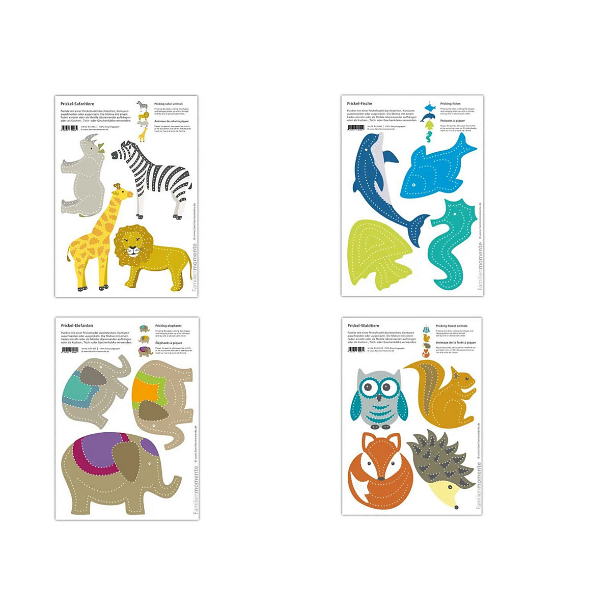 LK Trend & Style PRICKELVORLAGEN mit 4 Bastelbogen zum Prickeln UNSERE TIERWELT 1x Safaritiere 1x Elefanten 1x Fische 1x Waldtiere