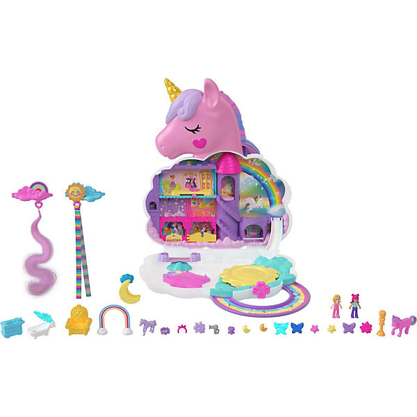 Polly Pocket Mini-Spielzeug, Regenbogen-Einhorn-Salon-Spielset mit 2 Puppen und über 20 Zubehörteilen