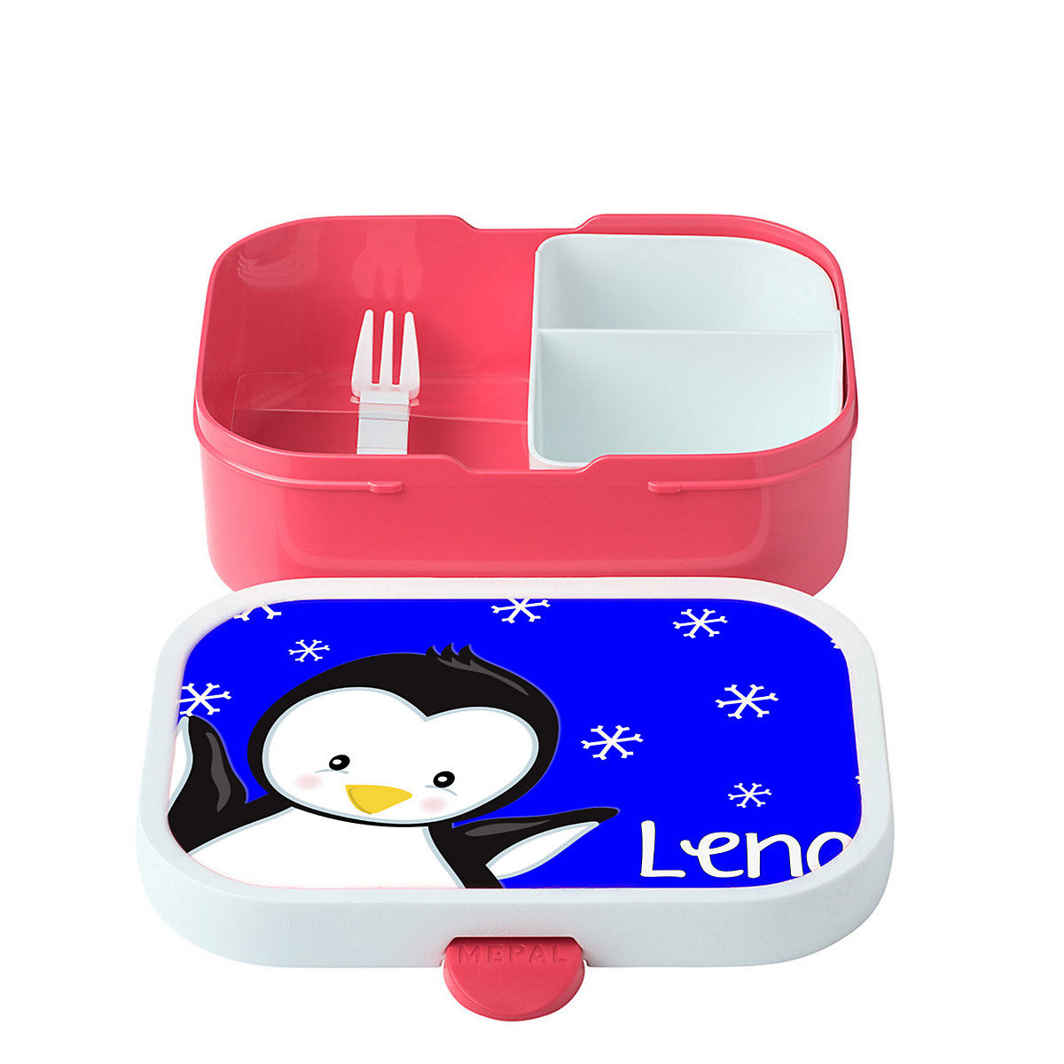 CreaDesign Brotdose Mepal Kinder mit Fächern mit Name personalisiert Pinguin blau RI10988