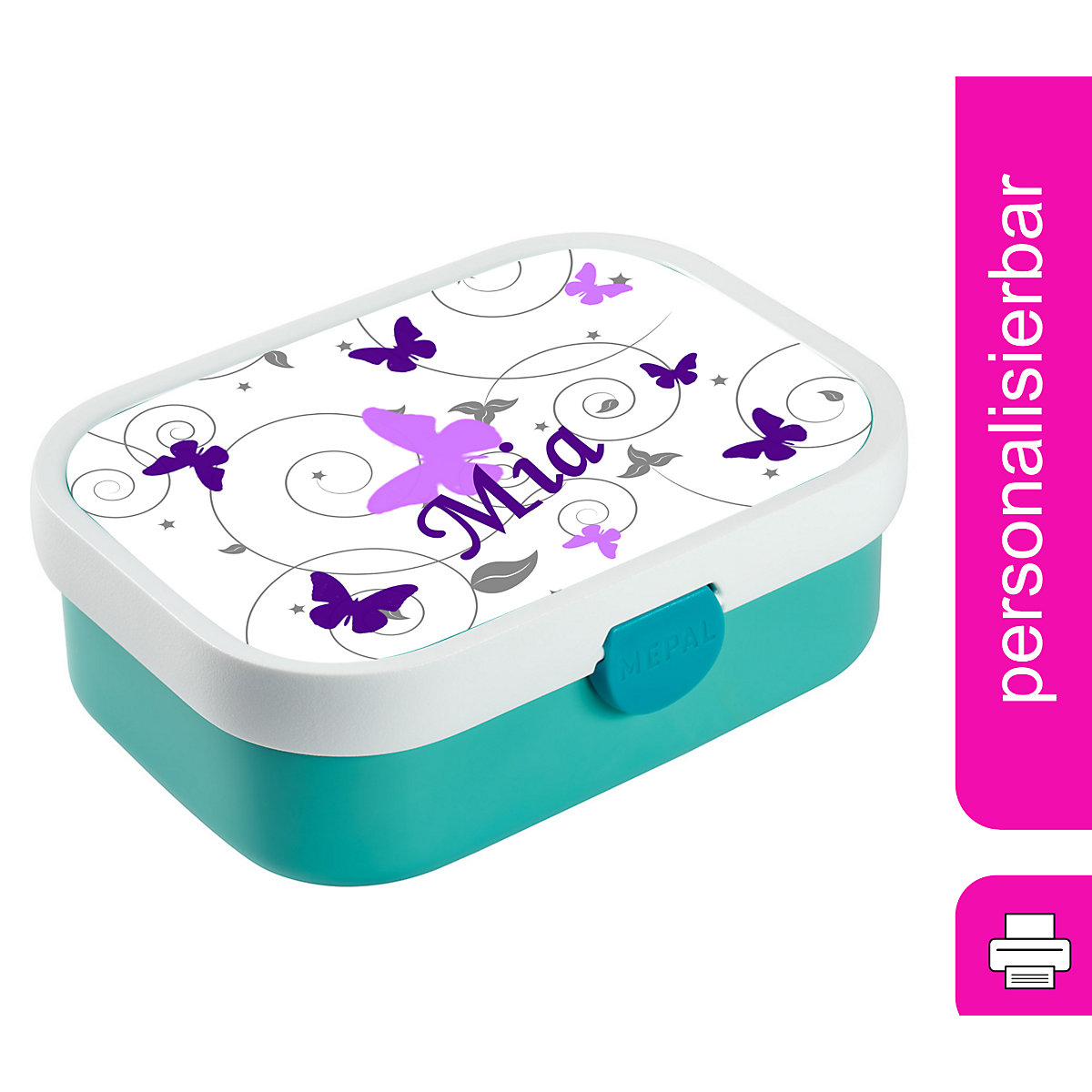 CreaDesign Brotdose Mepal Kinder mit Fächern mit Name personalisiert Schmetterling flieder lila