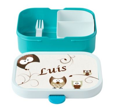 CreaDesign Brotdose Mepal Kinder mit Fächern mit Name personalisiert Eule beige GV11136