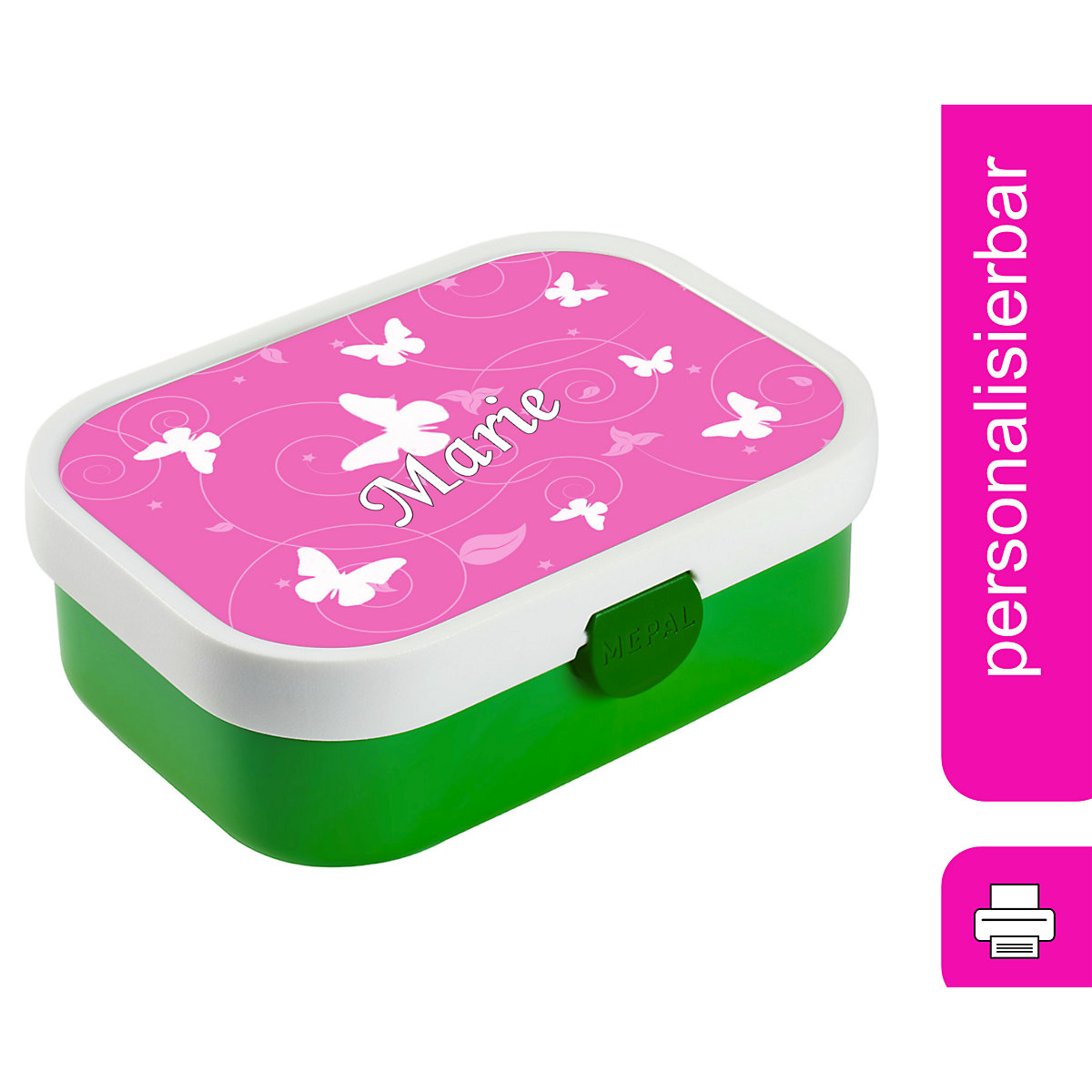 CreaDesign Brotdose Mepal Kinder mit Fächern mit Name personalisiert Schmetterling rosa