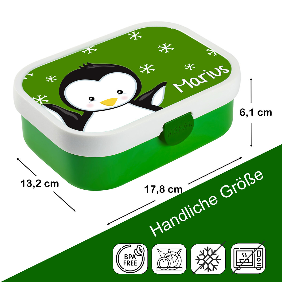 CreaDesign Brotdose Mepal Kinder mit Fächern mit Name personalisiert Pinguin grün GV11398
