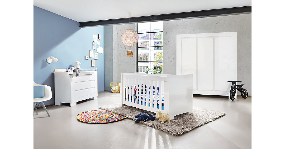 Komplett Kinderzimmer SKY groß, (Kinderbett, Wickelkommode breit und 3-türiger Kleiderschrank), Weiß/Hochglanz weiß Gr. 70 x 140