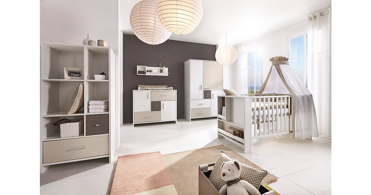 Komplett Kinderzimmer CANDY, 3-tlg. (Kinderbett, Umbauset, Wickelkommode und 3-türiger Kleiderschrank), weiß/beige/grau Gr. 70 x 140