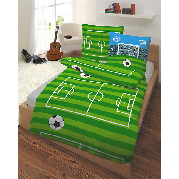 Kinderbettwäsche Fußball, Renforcé, grün, 135 x 200 cm