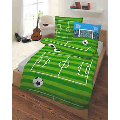 Kinderbettwäsche Fußball, Renforcé, grün, 135 x 200 cm