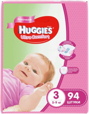 Подгузники Huggies Ultra Comfort 3 Giga Pack для девочек, 5-9 кг, 94 шт.