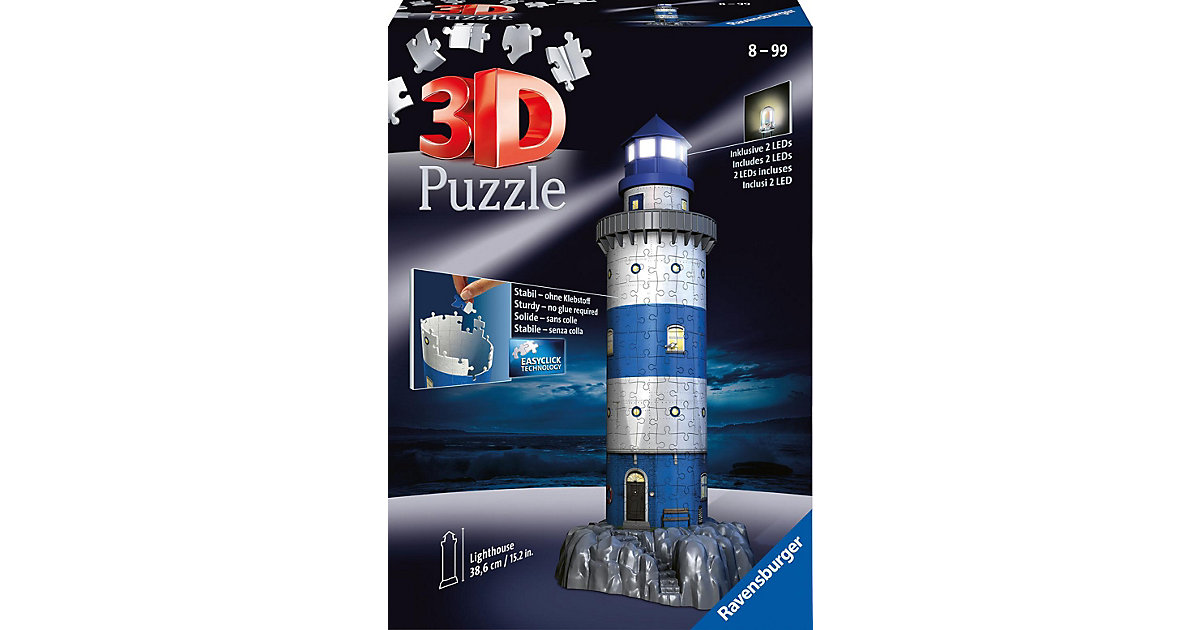 3D-Puzzle Night mit LED, H39 cm, 216 Teile, Leuchtturm bei Nacht