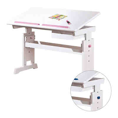 Schreibtisch BARU, höhenverstellbar, weiß, rosa/blau wechselbar