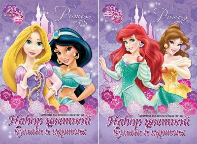 Цветной картон и бумага, 10 цветов, 20л, Принцессы Дисней