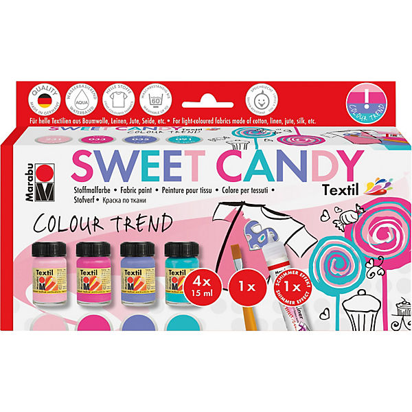 Stoffmalfarbe SWEET CANDY, 4 x 15 ml inkl. Pinsel & Fashionliner