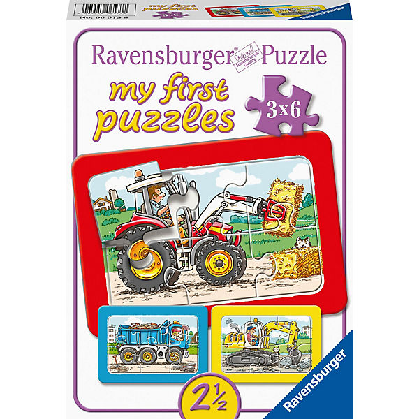 3er Set Puzzle, je 6 Teile, 21x15 cm, mit Rahmen, Bagger, Traktor und Kipplader