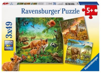 Image of 3er Set Puzzle, je 49 Teile, 21x21 cm, Tiere der Erde