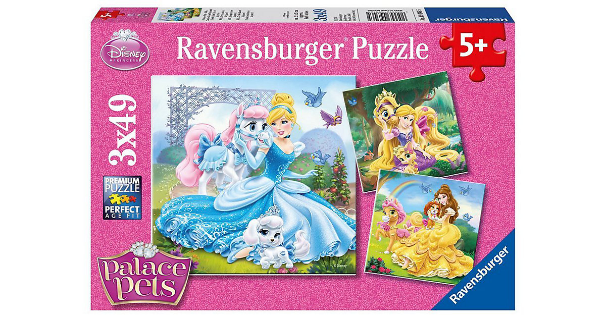 3er Set Puzzle, je 49 Teile, 21x21 cm, Disney Palace Pets Belle, Cinderella und Rapunzel