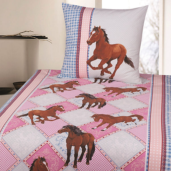 Pferdebettwäsche, Kinderbettwäsche Pferde, Cretonne, rosa-blau, 135 x 200 cm + 80 x 80 cm von Pötter