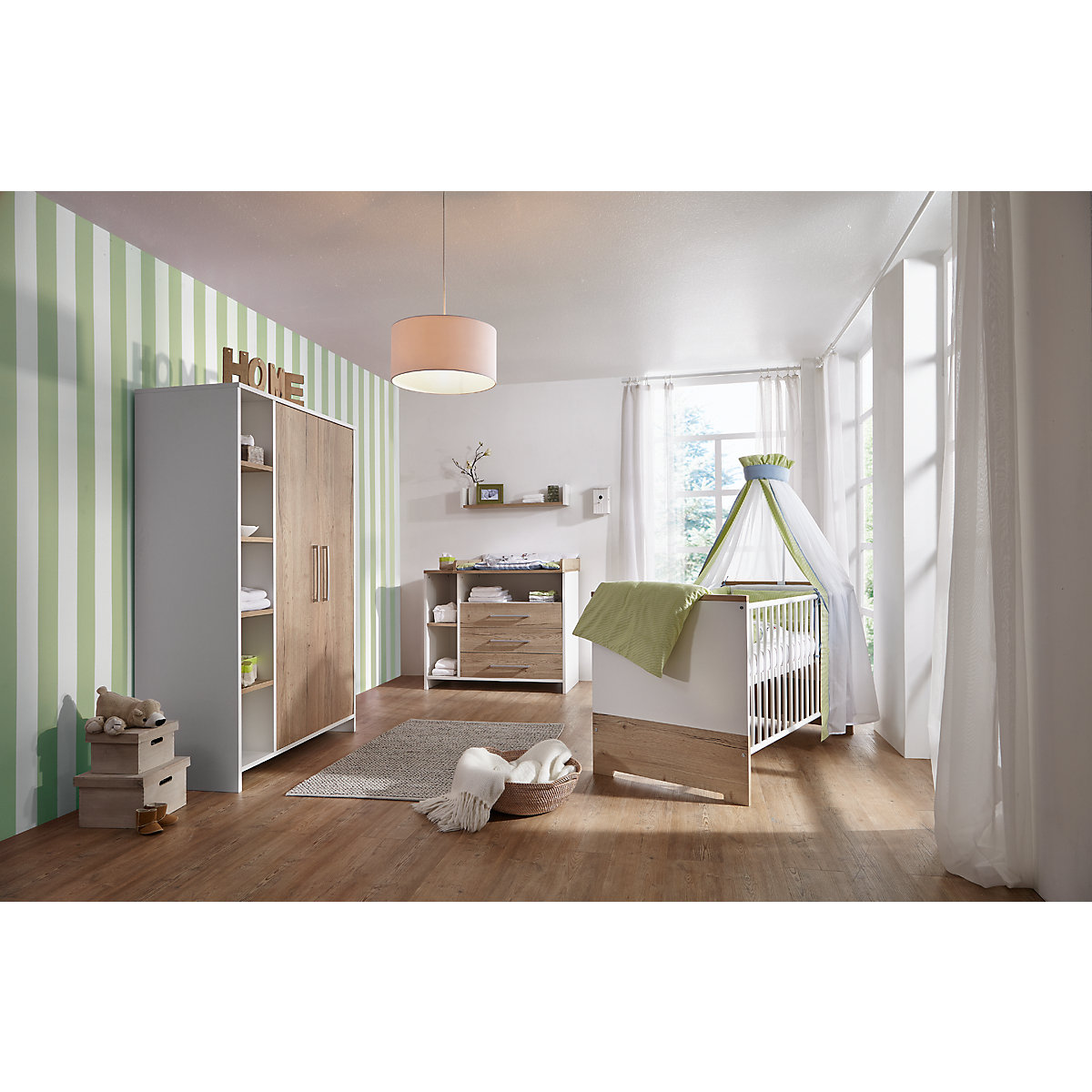 Schardt Komplett Kinderzimmer Eco Plus 3 tlg. (Kinderbett Wickelkommode und Kleiderschrank 2-trg.) weiß/Halifax Eiche
