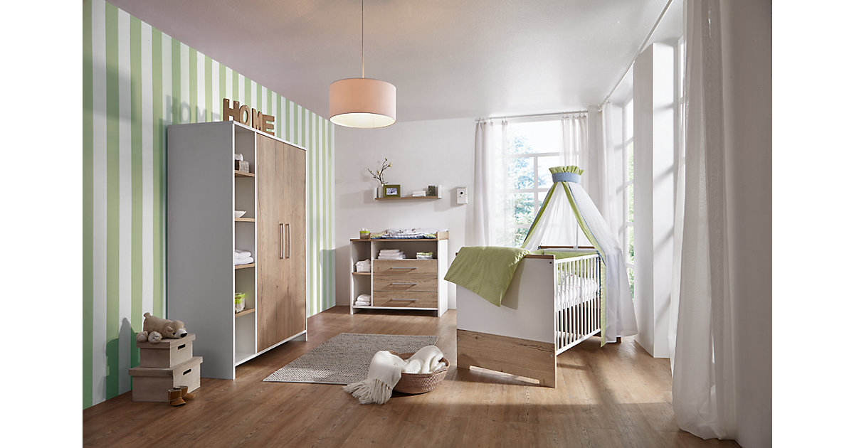 Komplett Kinderzimmer Eco Plus groß, 3 tlg., (Kinderbett, Wickelkommode und Kleiderschrank 3-trg.), weiß/Halifax Eiche holzfarben Gr. 70 x 140