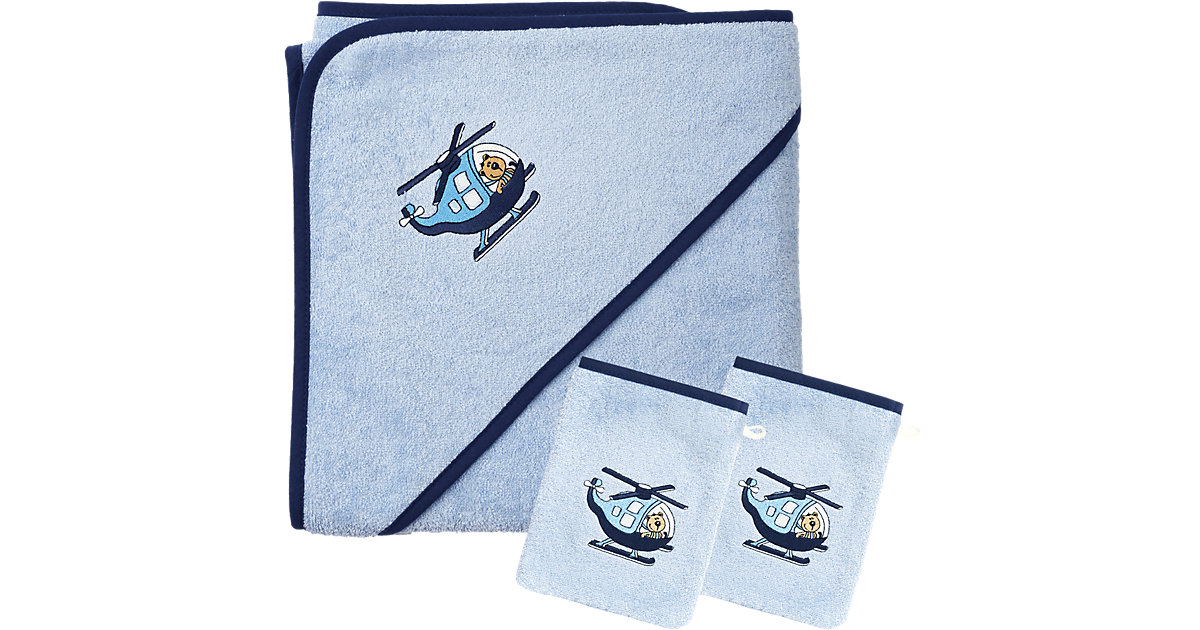 Wörner · Set Kapuzenbadetuch mit 2 Waschlappen, Hubschrauber sky, blau, 80 x 80 cm Wörner · Set Kapuzenbadetuch mit 2 Waschlappen, Hubschrauber sky, blau, 80 x 80 cm