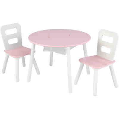 Runder Aufbewahrungstisch & 2 Stühle Set, white & pink