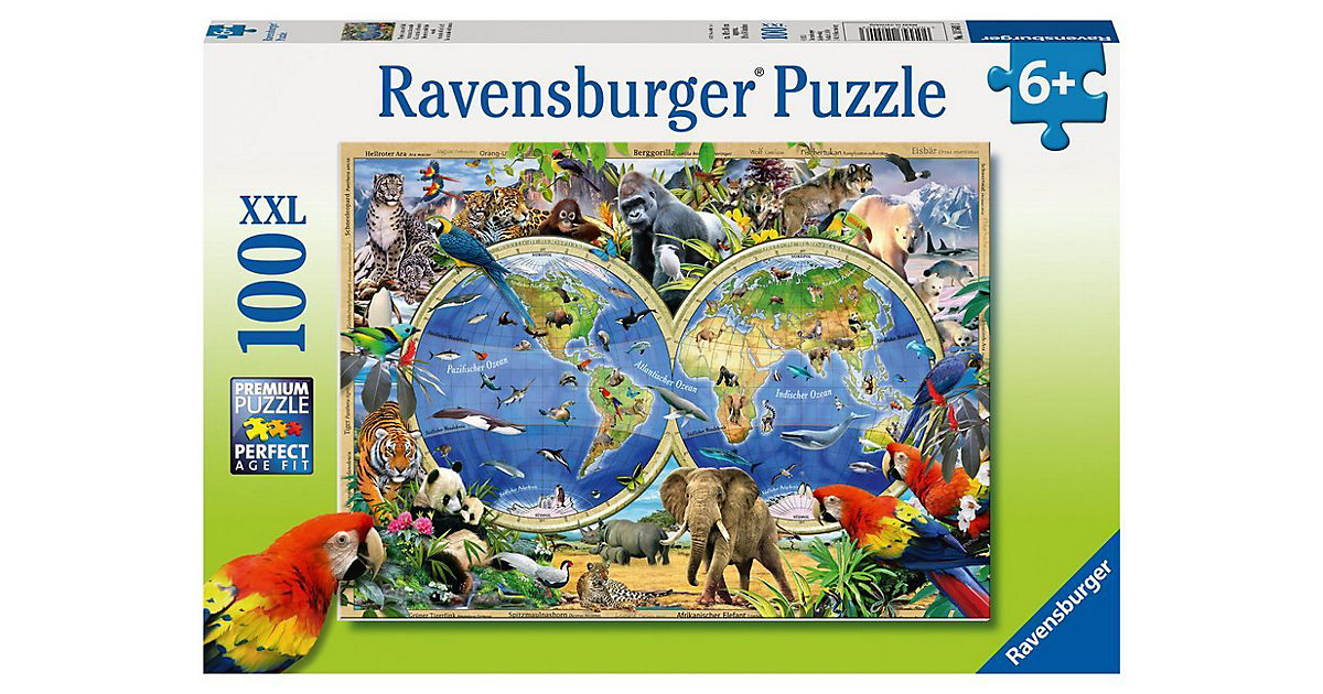 Puzzle, 100 Teile XXL, 49x36 cm, Tierisch um die Welt
