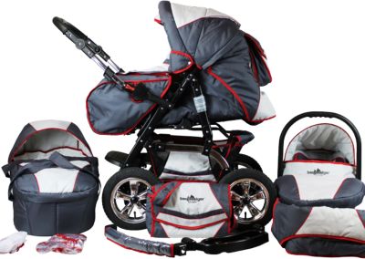 Kombi Kinderwagen Milano, 10 tlg., grey & red stripes grau/rot