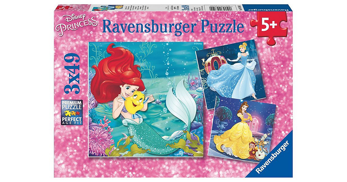 3er Set Puzzle, je 49 Teile, 21x21 cm, Disney Princess: Abenteuer der Prinzessinnen