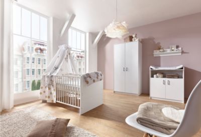 Komplett Kinderzimmer Classic White (Kombi-Kinderbett 70 x 140 cm mit Umbaukit, Umbauseiten, Wickelkommode und Kleiderschrank 2-trg.), Nachbildung weiß