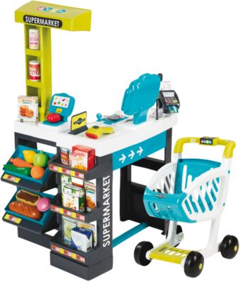 Магазин супермаркет с тележкой, со звуком, синий, Smoby