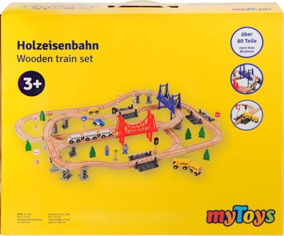 Kinder Spielzeug Set Holzeisenbahn Lok Auto Schienen Brücke Polizei 69 Teile 