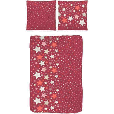 Kinderbettwäsche Sterne rot, Biber, 135 x 200 cm
