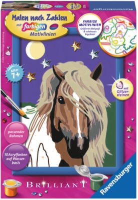 Malen nach Zahlen, 13x18 cm, mit farbigen Motivlinien & Glitzersteine, Pferd Haflinger im Mondschein