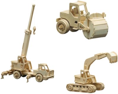 Holzbausatz-Set Kranwagen, Walze, Bagger