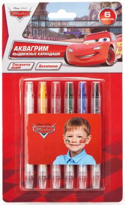 Аквагрим карандаши выдвижные, 6 цветов, Тачки