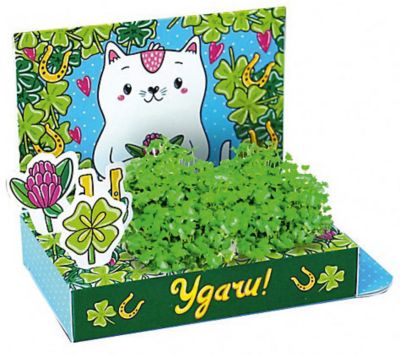 Набор для выращивания "Живая открытка" - Удачи! Кот, Happy Plant
