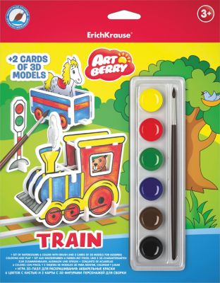 3D пазл для раскрашивания Erich Krause ArtBerry Train акварель 6 цветов и 2 карты с фигурами для сборки